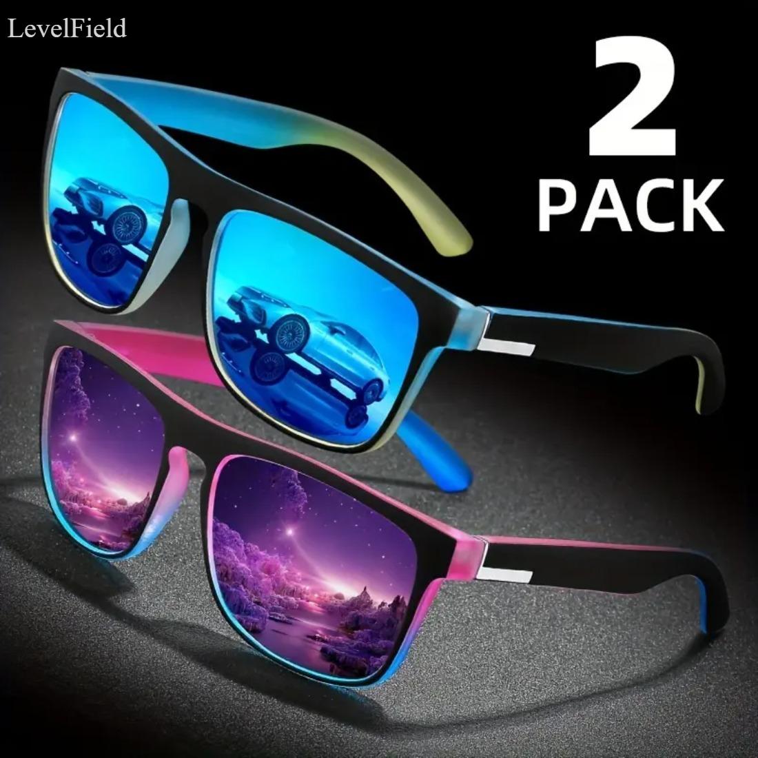 LevellField Retro Square Sunglasses for Men Women Colored Tinted Lens UV400 Classic Frame Lightweight Durable Fashion Eyewear for Driving Party Street Style Daily Wear 2 Pack