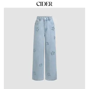 Cider [size 0-10] Denim Mid Waist Floral Pocket Wide Leg Jeans