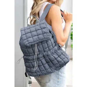 Medium Grey Solid Flapped Quilted Puffer Backpack