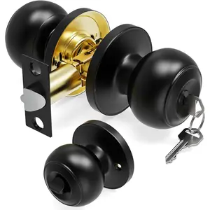 1 Pack Matte Black Finish Round Door Knob with Lock and Key, Keyed Entry Door Knob for Interior and Exterior Front Doors, Bedroom & Bathroom