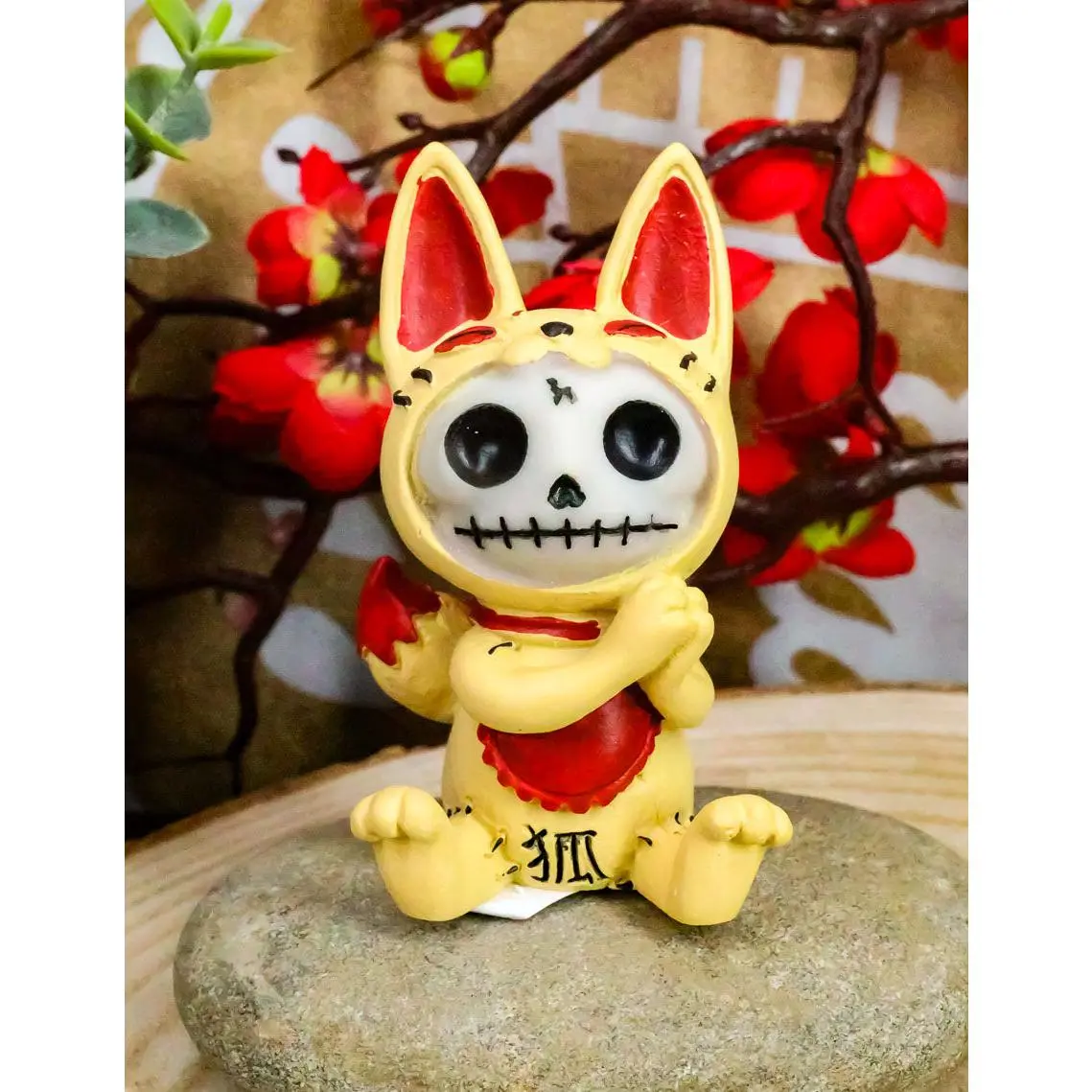 Ebros Japanese Beckoning Fox Maneki Kitsune Furry Bones Figurine 3" Tall Furrybones Skeleton Collectible Statue