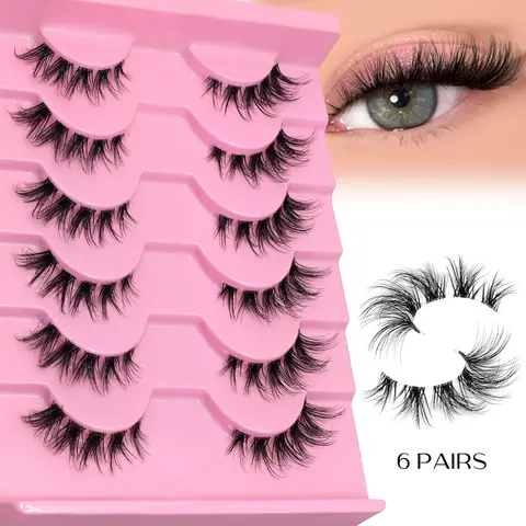 GROINNEYA 6 Pairs Angel Lashes, Longer Looking, Volume, Voluminous False Eyelashes, Criss-Cross, Natural Strip, Wispy Self Adhesive Glue Free, 3D C Curl Faux Mink, Fluffy Lashes Clear Thin Band, Beginner-Friendly