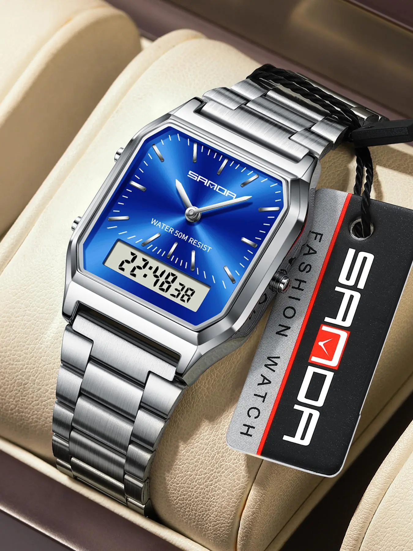 Men's Business Fashion Square Analog-digital Quartz Watch, Stainless Steel Square Dial Wristwatch, Fashion Waterproof Watch with Luminous & Alarm Function, Trendy Multifunctional Watch for Daily Life, Fashionable Wristwatch