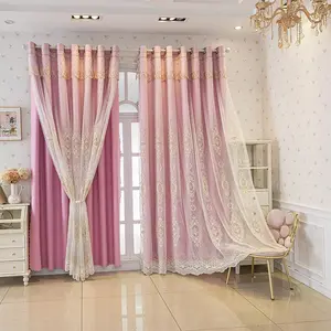 2pc light luxury pink floral gauze integrated double-layer blackout curtains, sun protection and UV blocking for living room, bedroom, dining room, kitchen, European romantic floating curtains, home decoration