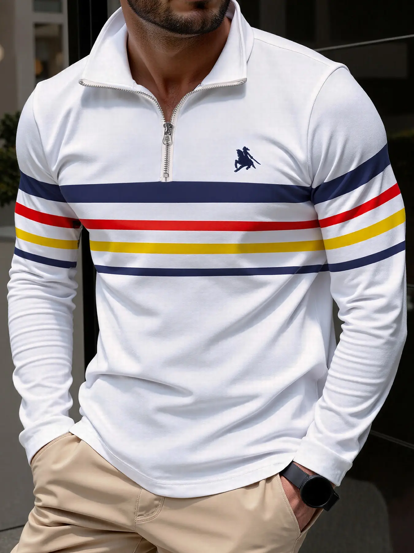 Men's Long Sleeve Polo Shirt, Fitted Colorblock Striped Casual Knight Embroidery Zipper Collar, Fall & Winter Outdoor Sports Fashion Fabric Menswear Tops
