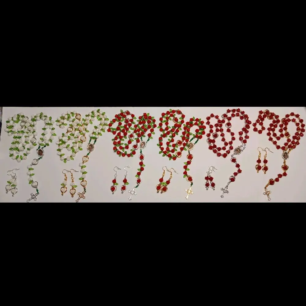 Coming Up Roses Rosary with 8mm roses with matching earrings in White or Red Roses with Leaves in Gold or Silver Tones or Red Rose with no leaves in Gold or Silver Tones.