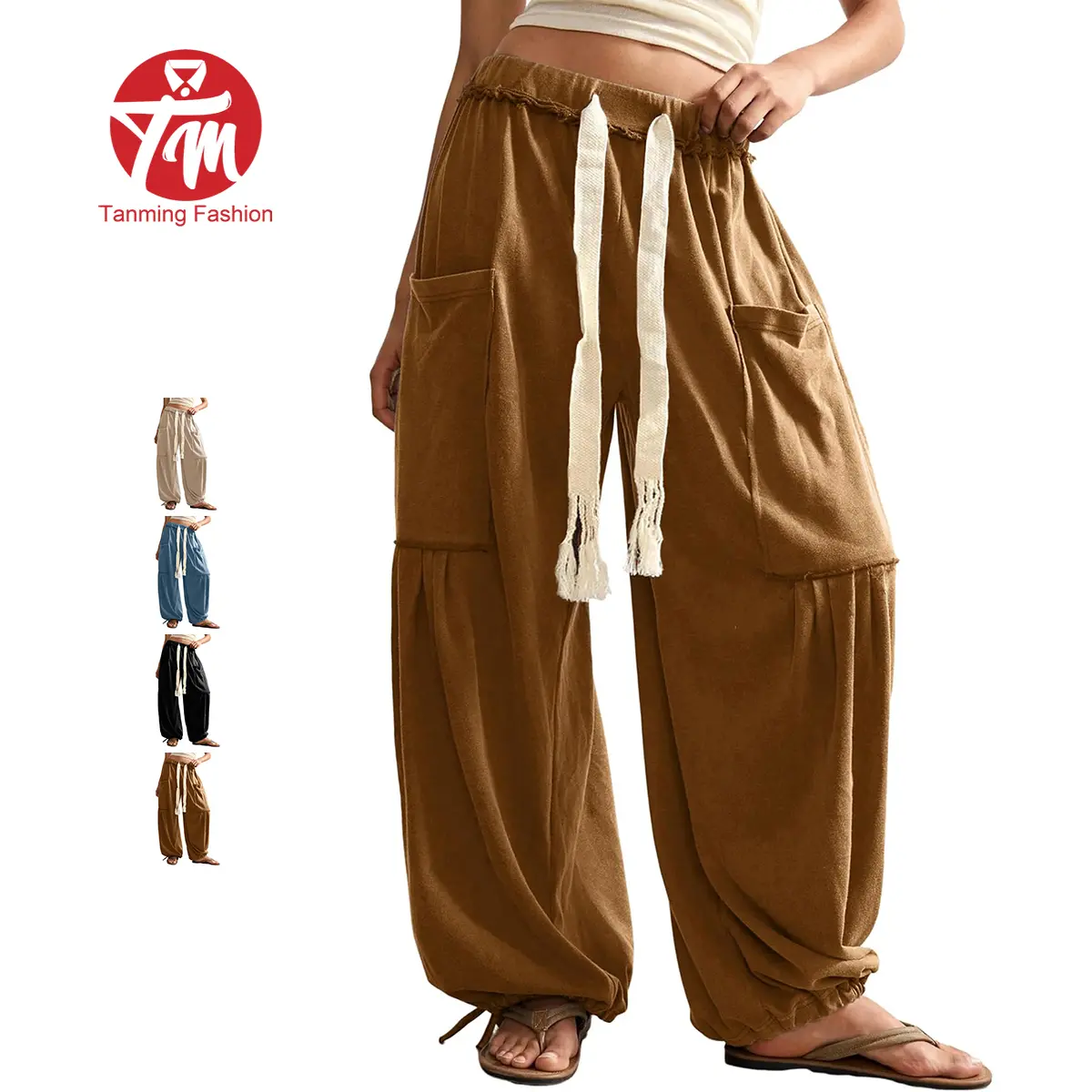 Tanming Womens Utility Pants - Multi-Pocket Convertible Cinch-Bottom & Wide-Leg Cargo Trousers with Drawstring - Spring Summer Fall Streetwear Casual Outfits