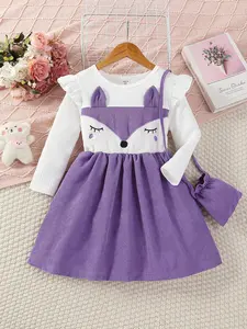 Adorable TikTok Viral Purple Fox Girls Dress with Cozy LongSleeve Ruffle Knit Bodice Soft Corduroy Skirt & Matching Purse for Toddler Kids' Spring Fall Outfit