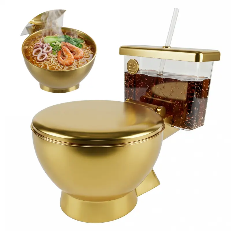 2-in-1 Noodle Bowl with Detachable Drink Compartment, Prank Gift, Special Gift, Emoji, Funny Golden Toilet Shape Bowl – 650ml Drink Compartment + 1120ml Stainless Steel Bowl, Creative Gift for Ramen Lovers – Parents' Day Gift