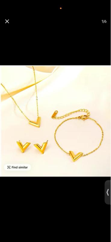 3pcs Stainless Steel Women's Jewelry Set, 18K Gold-plated, Minimalist Letter V Design, 1 Bracelet + 1 Necklace + 1 Pair of Earrings, Perfect for Casual Attire, Seasonal Accessories, Casual Accessories | Minimalist Jewelry | Stainless Steel Jewelry !. Fast