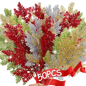 50-5Pcs Christmas Glitter Gold Silver Leaves Xmas Tree Decoration Pendant Artificial Plants Pine Branches Home New Year Ornament Garland Plastic