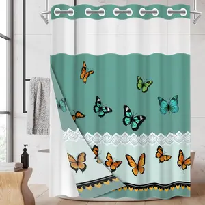 1pc hookless shower curtain with buckle lining, spring butterfly lace design, 2D flat printing, fabric waterproof lining, see-through double-layer shower curtain, 71 x 74 inches, modern home draping curtain, Shower Curtain Liner