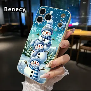Snowman Family Delight Pattern Straight Edge Phone Case for iPhone 17 15 16 14 Pro Max 13 12 11 XR XS Plus Air E Shockproof Full Camera Protection Durable Slim Liquid Silicone Cover Smartphone Casing