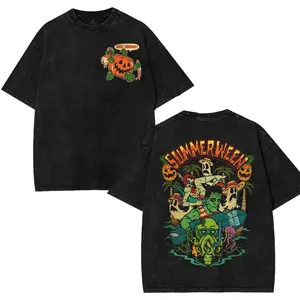 Summerween Horror Washed T-Shirt – Unisex Vintage Streetwear Graphic Tee, Soft Cotton Casual Top, Dark Aesthetic Gaming Style Outfit