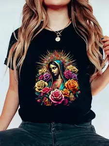 Our Lady Virgen De Guadalupe Virgin Mary T-Shirt Print Women's Round Neck Short Sleeve T-Shirt Fashion Graphic Tees Women Top