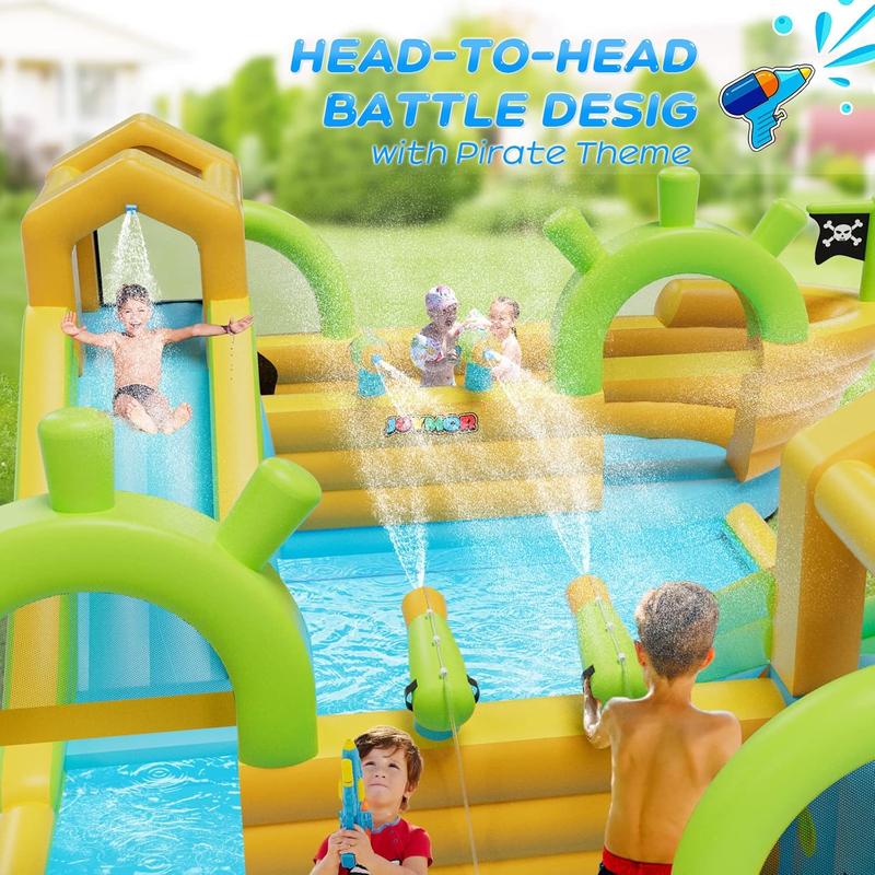 JOYMOR Inflatable Water Slide Park, 2 Pirate-Boat Giant Water Slide Bounce House w/4 Water Cannons, Challenge Climbing Wall, 10-in-1 Water Slides for Kids Backyard Outdoor w/Blower, Up to 6 Kids