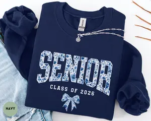 Coquette Senior 2026 Sweatshirt, Blue Toile Senior 2026 Crewneck, Custom High School Graduation Gift, Floral Preppy Senior Sweater