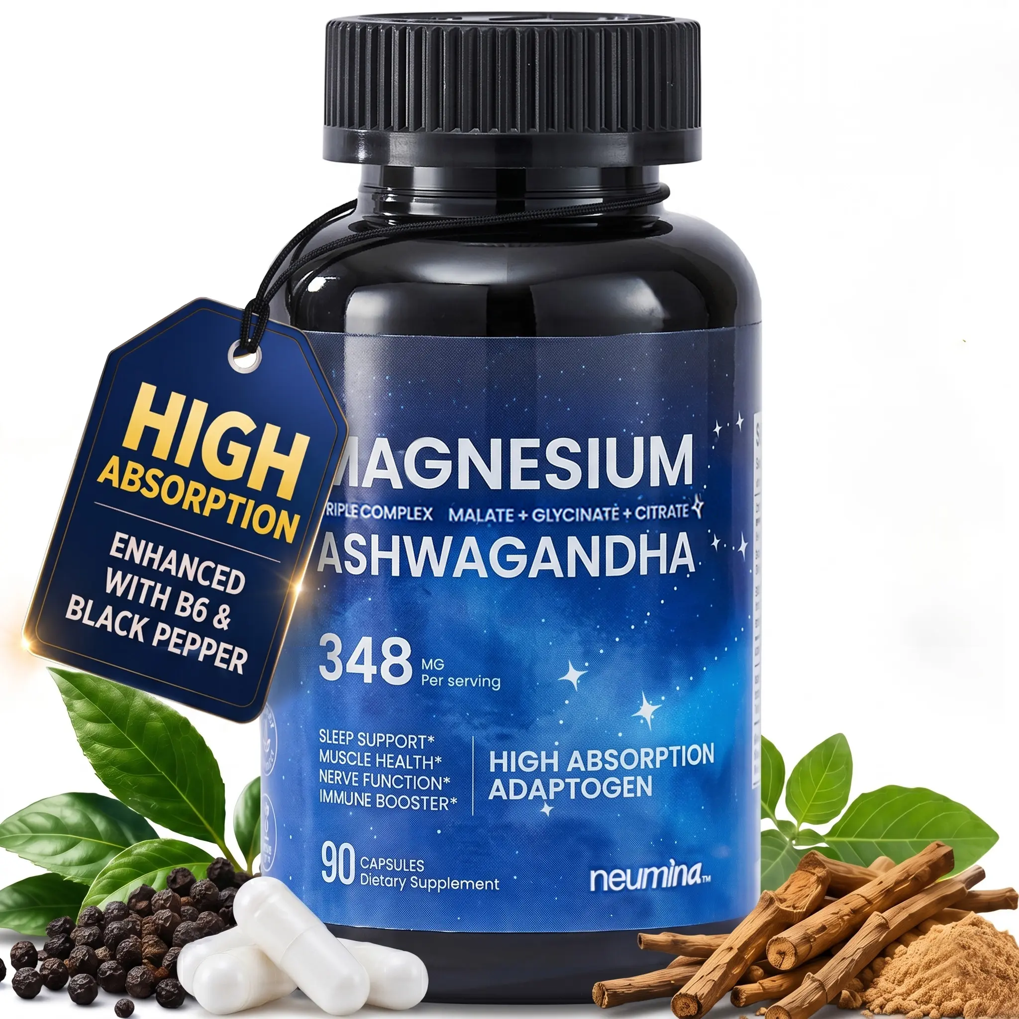 Neumina Healthcare Triple Magnesium Complex (Glycinate-Malate-Citrate) with Ashwagandha & Vitamin B6 – Essential Minerals Supplement, Sugar-Free, Gluten-Free, Sleep Aid, Supplement Stack, Non-GMO, Heart Health Support, Natural Herbal Formula