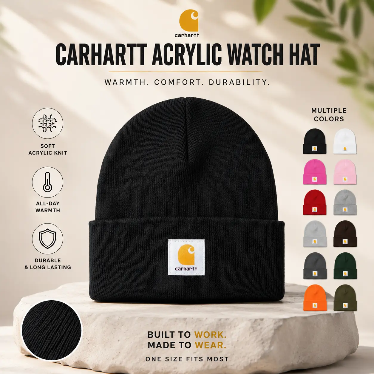 Carhartt Essential Knit Beanie – Classic Cuffed Winter Hat with Woven Logo Patch, Unisex Acrylic Watch Cap, Warm Comfortable Skull Beanie for Men Women, Outdoor & Everyday Wear