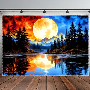 Moon Forest Tapestry Lake Mountain Backdrop Night Landscape Theme Wall Hanging Photography Background Aesthetic Decor for Living Room Bedroom Indoor Outdoor Home Decoration