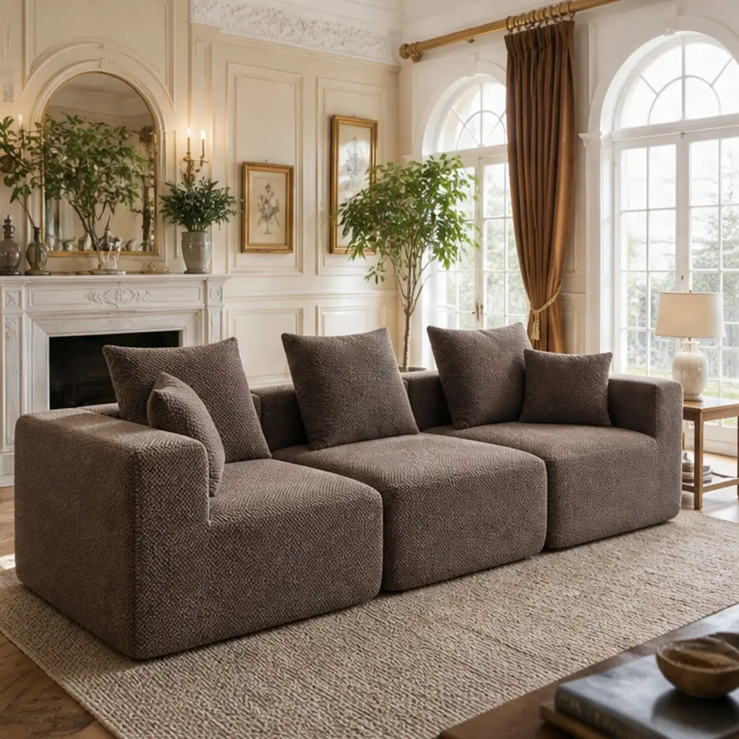 ARCH Modular 3-Seat Sectional Sofa - Oversized Deep-Seat Chenille Upholstered Couch, All-Foam Construction, Low-Profile Wide Arms, Tool-Free Assembly, 5 Pillows, Spot Clean, 111"W x 37"D x 23.6"H, Multiple Colors for Living Room Watch Parties, Watch Party