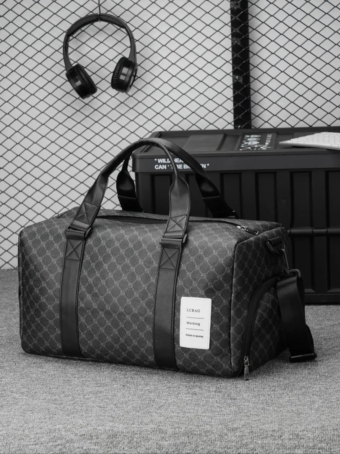 Large Capacity Geometric Pattern Pu Leather Travel Bag, Casual Zipper Weekender Bag, Fashionable Travel Bag for Men & Women
