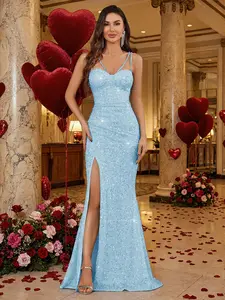 Women's Elegant Rhinestone Dress, Sleeveless Long Formal Gown, Backless Mermaid Tail Slit Party Wedding Guest Attire, All Seasons