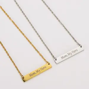 18k gold 304 stainless steel rectangular pendant necklace with engraving "mom, my hero" - Mother's Day birthday gift