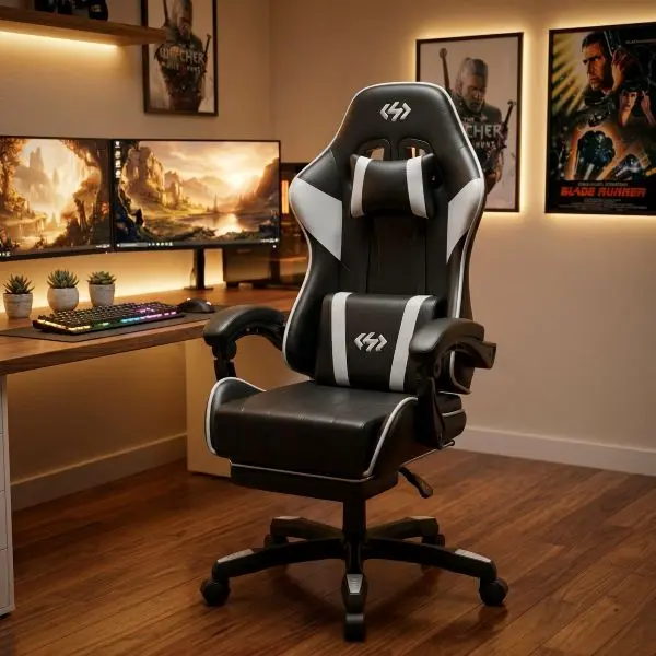 Ecofurnix Gamer Chair - Ergonomic High-Back Office Desk Chair for Work & Gaming, 19.7in Spine Support, 30d Head Support, Stain-Resist PU Top, 45db Quiet Roll Silent Casters, Footrest, Height Adjustment, Reclining Backrest, 360° Swivel, Anti-Tilt Shafts