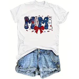 Mimi Graphic Tee Firework Letter Print With Red Bow Womens Fourth Of July Shirt Casual Loose Fit Short Sleeve Crewneck Summer Top