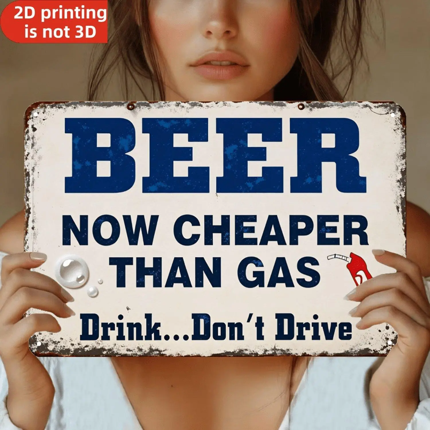 2D Flat Prints 8x12 Inches Retro Metal Style White Blue Beer Now Cheaper Than Gas Drink Dont Drive Text And Gas Pump Icon Wall Art for Man Cave Vintage Decorative Signage