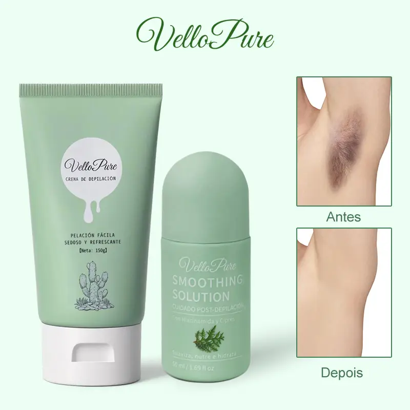 VelloPure Hair Removal Cream Kit for Sensitive Skin – Gentle Depilatory Cream 150g with Aloe Vera & Cactus and Calming Post-Depil Serum 50ml with Niacinamide, Hydrating 48H, Soothes Irritation for Women & Men B03