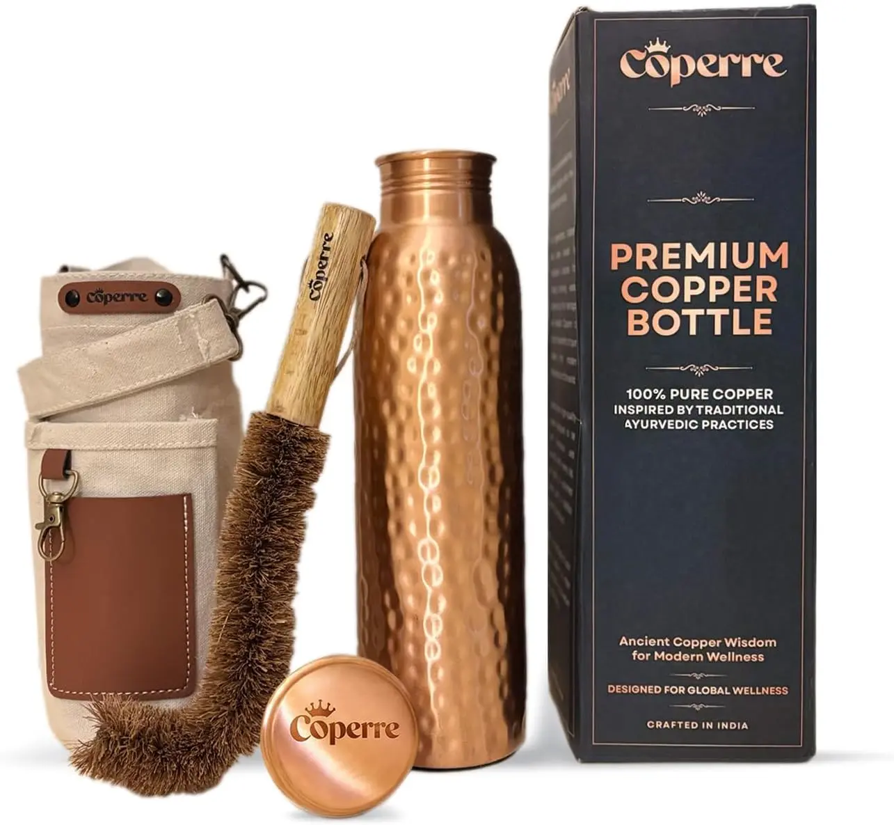 Copper Water Bottle 34 oz (1000 ml), 100% Pure Hammered Copper, Leak-Proof Ayurvedic Drinking Bottle, Durable Handmade Metal Water Bottle for Home, Office & Travel