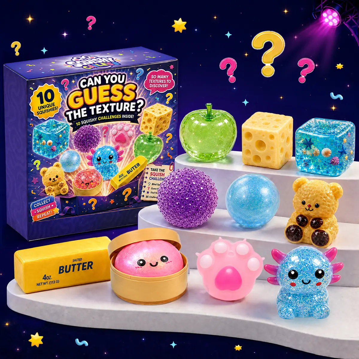 BEIREG 10-Piece Mixed-Texture Squishy Toy Variety Pack, Unisex Stress Relief Fidget Toys with Slow Rebound, Fast Rebound, Taba Feel & Multiple Bounces, 10 Styles, Guessing Game-Inclusive Gift-Ready Packaging