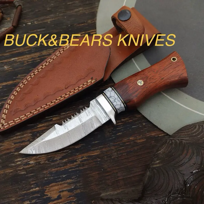 Handmade Damascus Steel Knife - Nonslip Wooden Handle Camping & EDC Knife with Leather Sheath