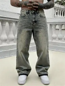 Retro Distressed Yellow Washed Jeans for Men Y2K Street Style Fashion Loose Straight Wide Leg Jeans, Retro Faded Effect, Casual Hip-Hop Clothing, Suitable for All Seasons