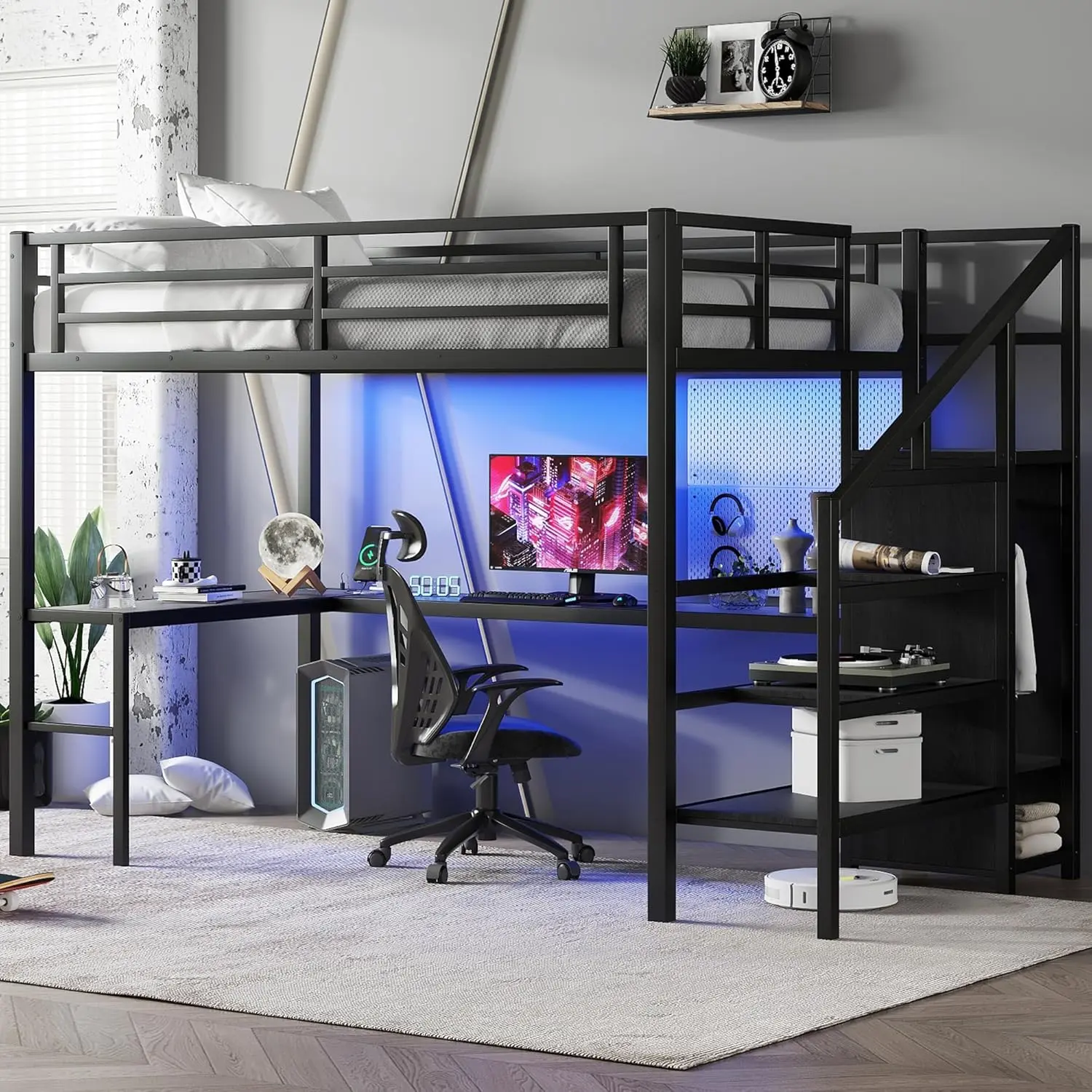 Attic bed with L-shaped desk and USB interface, metal loft bed with wardrobe and adjustable shelf, high loft bed with LED lights for adults
