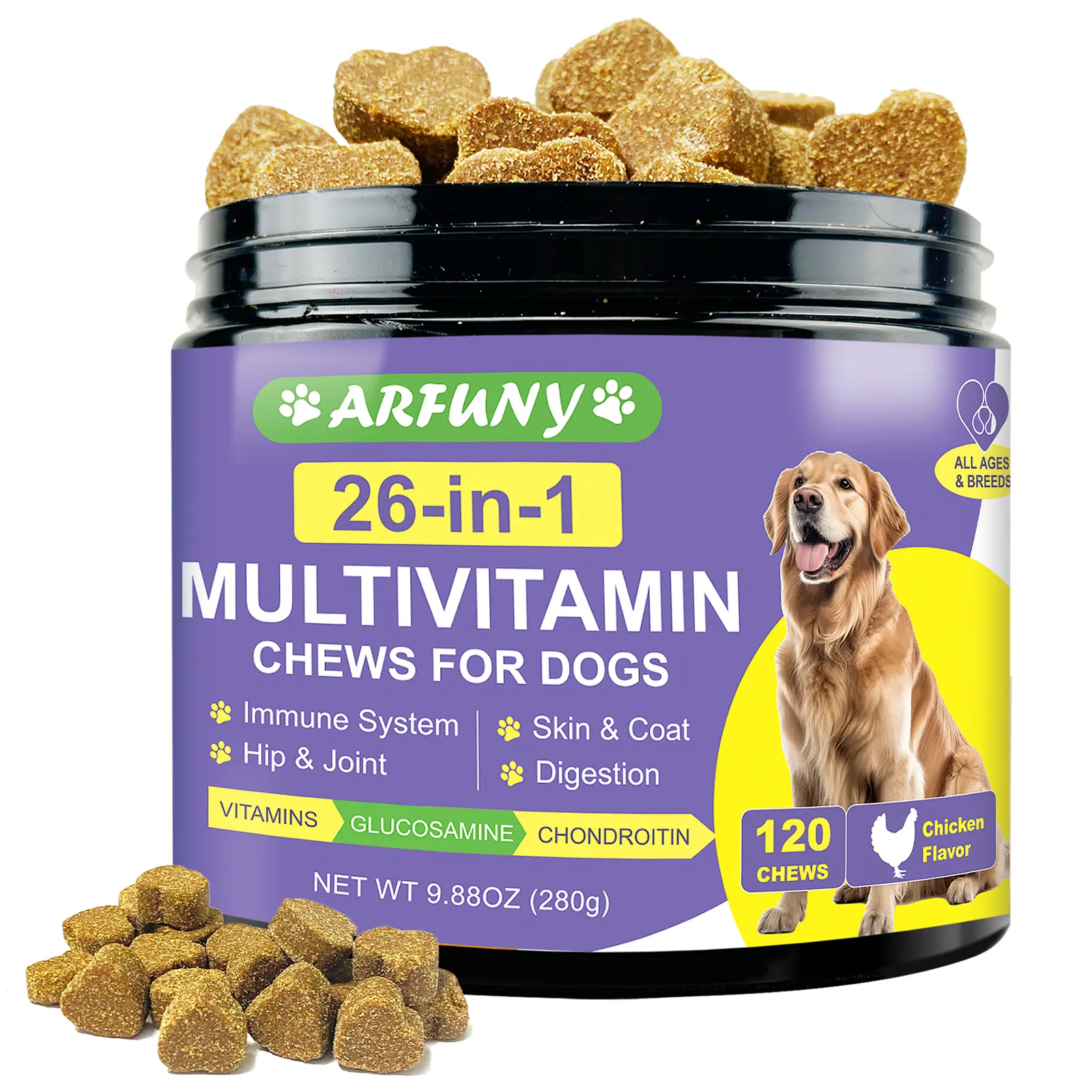 Multivitamin Supplement, ARFUNY 26-in-1  Multivitamin | Coat,Joints&Digestion Solved | Chicken Flavor | 120 Chewss