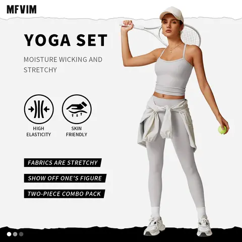Women's 2-Piece Workout Running Outfits - Female High-Waist Tummy-Control Yoga Set with Breathable Knitting (22% Elastane), Camisole Undershirt & Leggings Built for Yoga, Running, Tennis Summer Sports