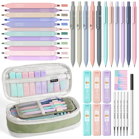 Nicpro 39-Pack Office Stationery Set - Big Capacity Pen Box Kit, Office Supply Kit, 6 Pastel 0.5-0.7mm Smooth-Writing Mechanical Pencils, Markers, 5 Quick Dry Retractable 0.5mm Black Ink Pens, Black (Premium Set) for Students