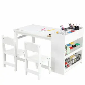 [ FLASH SALE ] Garvee Kids Art Table with 2 Chairs, Toddler Craft Play Wood Activity Desk with Large Storage Shelves, Wood Activity Desk for Writing Drawing Suitable for Nursery & Classroom, White