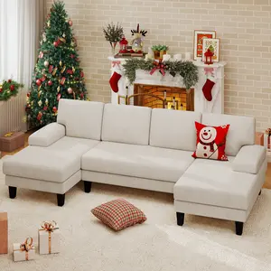 U-Shaped Sectional Sofa Couch for Living Room, Modern Modular Sofa with Double Chaise, Classic Lounge Couch Sleeper for Apartment, Beige Khaki