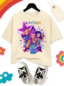 Girls Kpop Demon Hunters Short Sleeve Tee, Huntrix Group Cartoon Print, Summer Casual Loose Fit, Daily Wear Outdoor Leisure Top