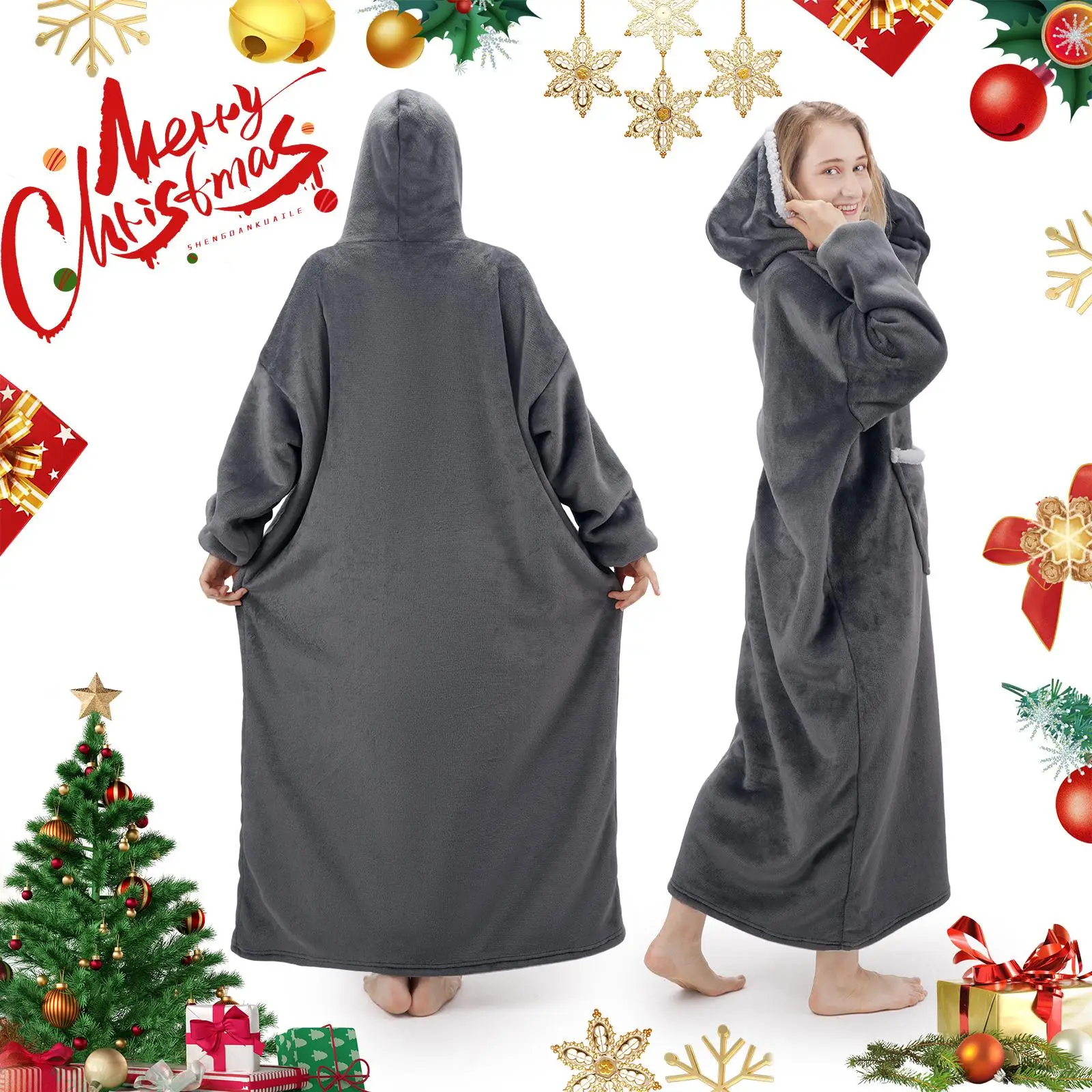 Solid Color Double-sided Fleece Hoodie Blanket, Comfortable Warm Hooded Blanket, Thick Wearable Blanket for Men & Women, Comfort Menswear