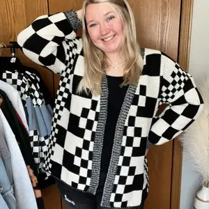 Knitted Checkered Oversized Cardigan
