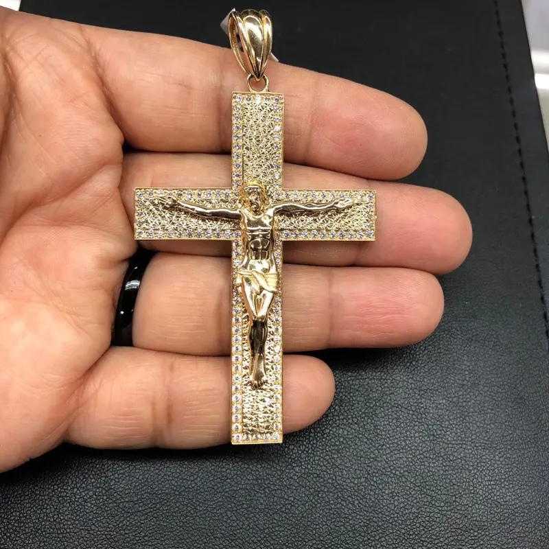 14K Solid Gold Crucifix 1 Tone Cz