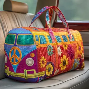 Hippie Van Quilted Travel Duffle Bag – Colorful Van & Flower Design, Perfect for Adventure, Quilted Fun Travel Bag