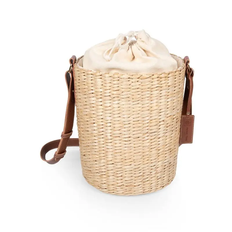 Picnic Time Palermo Rush Insulated Bucket Tote with Leather Straps Beige Canvas