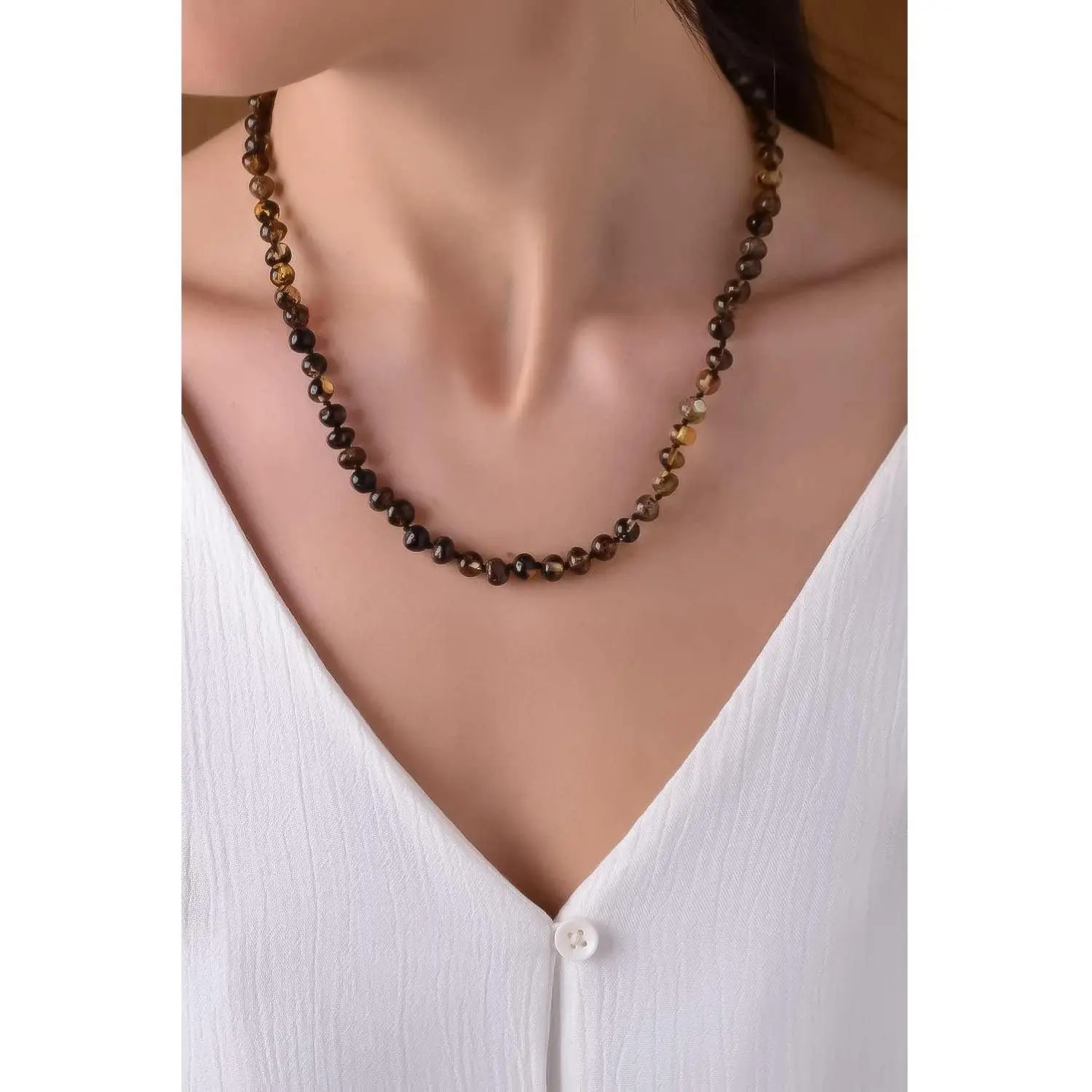 Women's Genuine Baltic Amber Necklace - 18in Antique Baroque Bead Jewelry, Handmade Polished Nature Beading, Combined Setting, Elegant Birthday Gift for Loved Ones