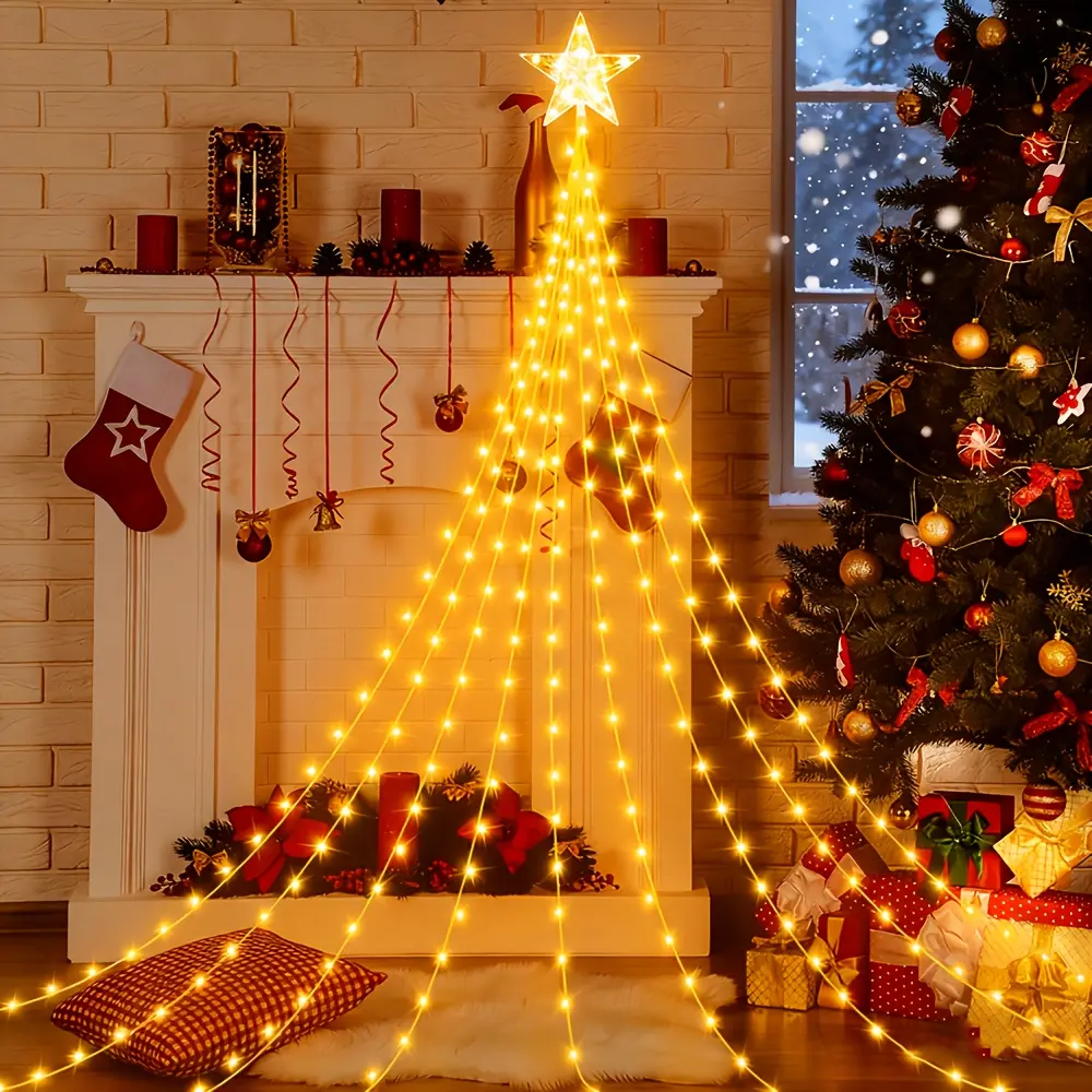 1 solar pentagram waterfall light, 210 LEDs, 6.56 ft, outdoor courtyard Christmas atmosphere decoration, creates a festive ambiance, eight modes, Christmas lights, Christmas decorations, holiday lighting, party decorations for festive displays